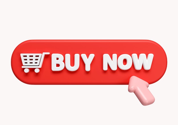 3d Buy now red button with mouse click Button hand pointer clicking Click button Online shopping icon isolated on white background 3d rendering illustration Clipping path
