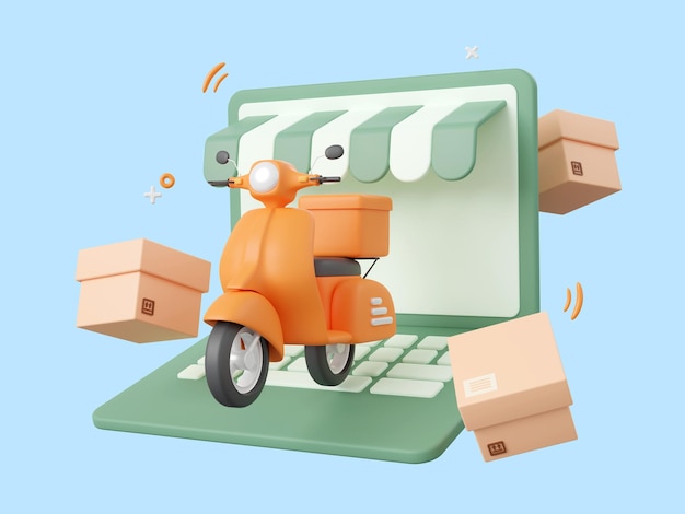 3d cartoon design illustration of Scooter shipping parcel boxes Shopping and delivery service online