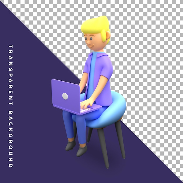 3d character male illustration using laptop gesture icon isolated object high quality