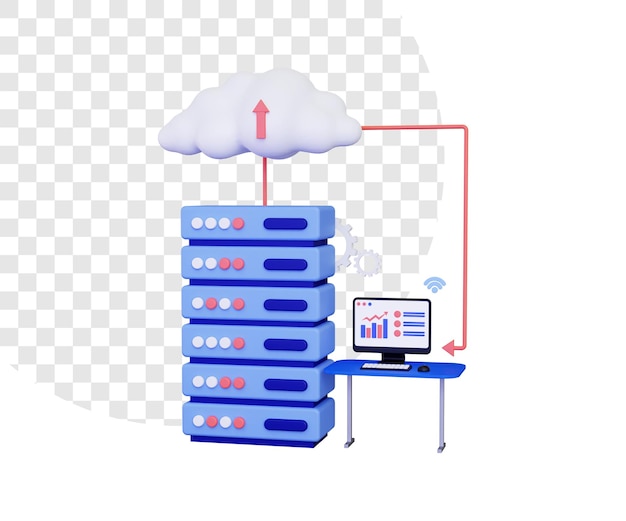 3d cloud hosting with computer on the table