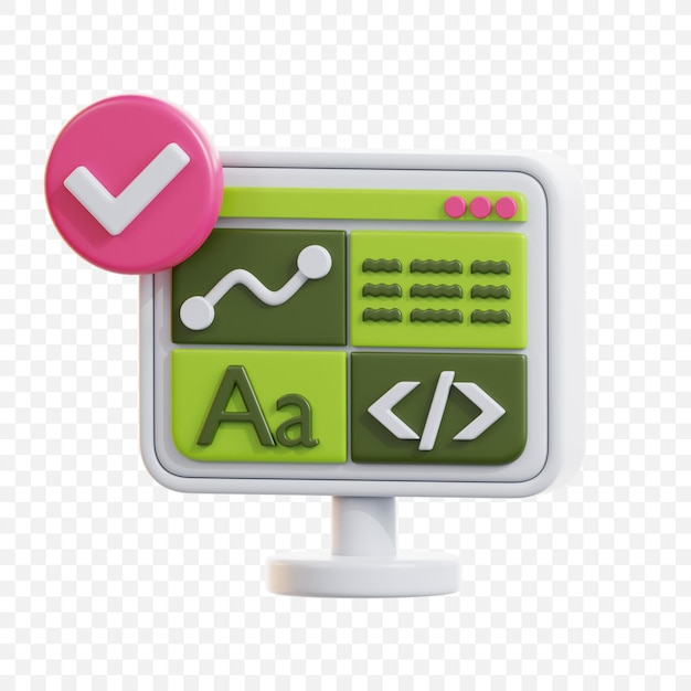 3D computer monitor with coding and analytics icons for web design and development visuals