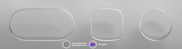 3d glass transparent button set with white light effect isolated on background Crystal rounded rectangular square and round frame web or mobile app user interface design elements