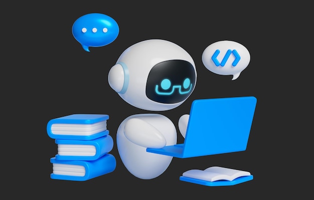 3D graphics of AI character studying in front of laptop