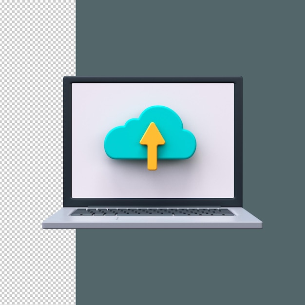3D icon for cloud file upload Cloud sign with up arrow on laptop screen