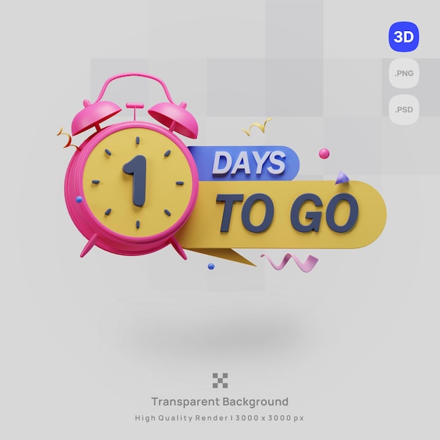 3D icon illustration render a pink alarm clock with the word 1 days to go on it