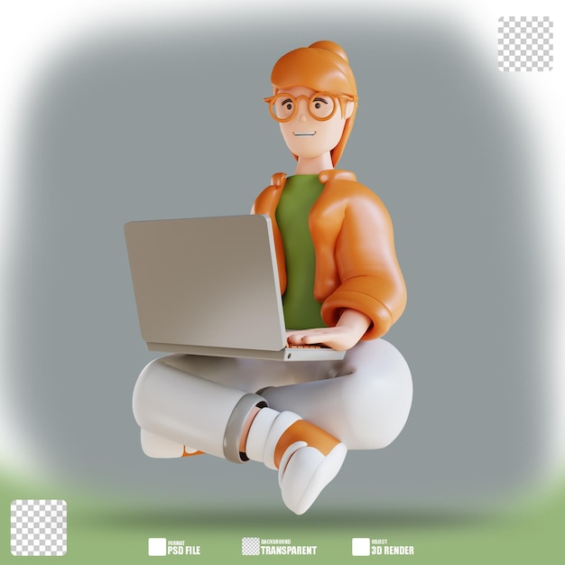 3D illustration business woman sitting with laptop