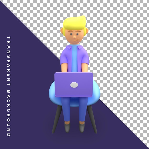3d illustration character male working using laptop