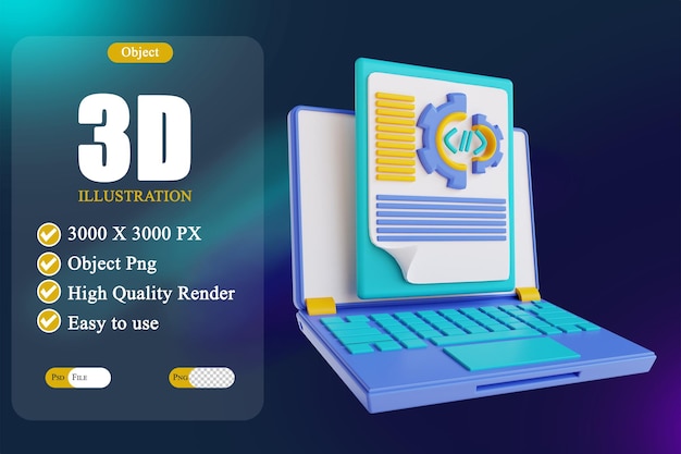 3D illustration laptop document data settings