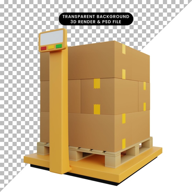 3d illustration large goods industrial scale with stack of cardboard on pallet