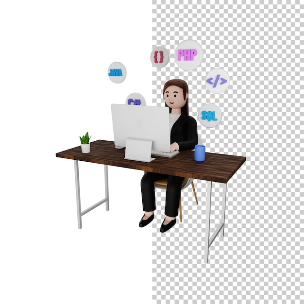 3D Illustration of a Programmer Working at a Computer with Transparent Background