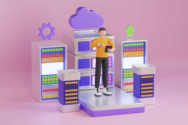 3d illustration of cloud storage. server room with hardware racks or web hosting infrastructure