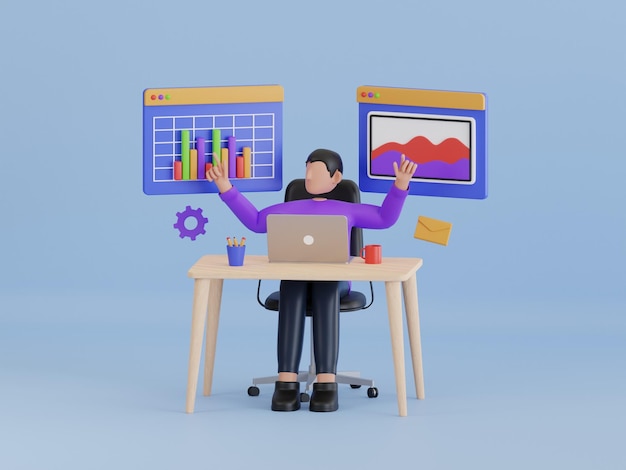 3d illustration of multitasking businessman productivity project management skill multitasking