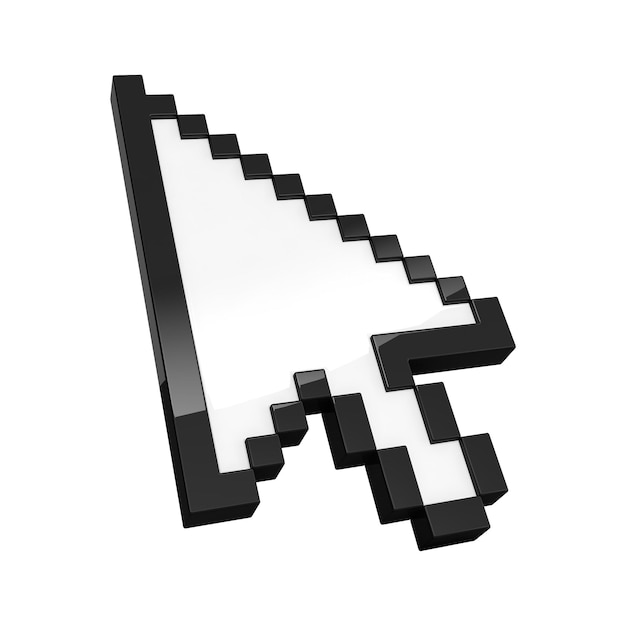 3D illustration of pixelated arrow pointer isolated on white