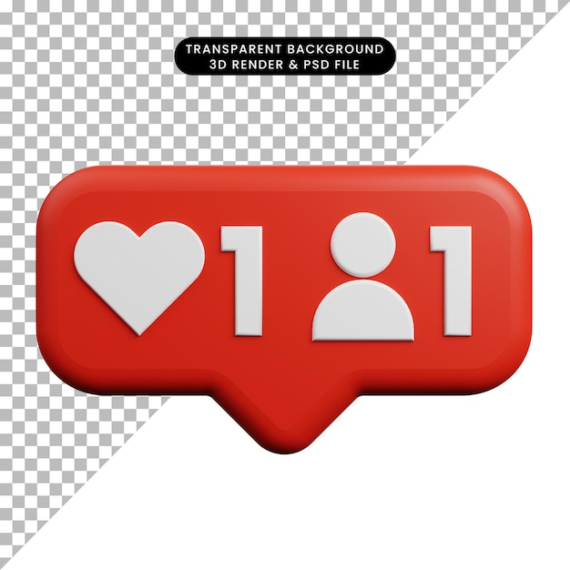 3d illustration of social media notification concept icon like,follow