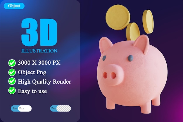 3D illustration piggy bank and coins