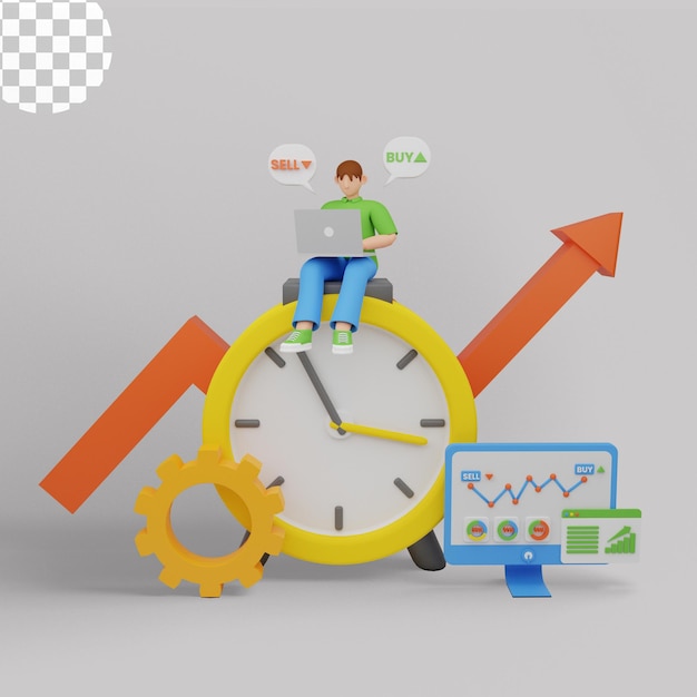 3d illustration. Tiny people stock traders at laptop with graph chart buy and sell shares