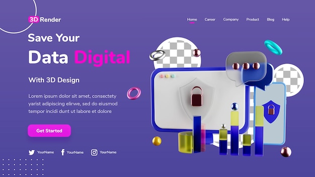 3D landing page template concept save data digital