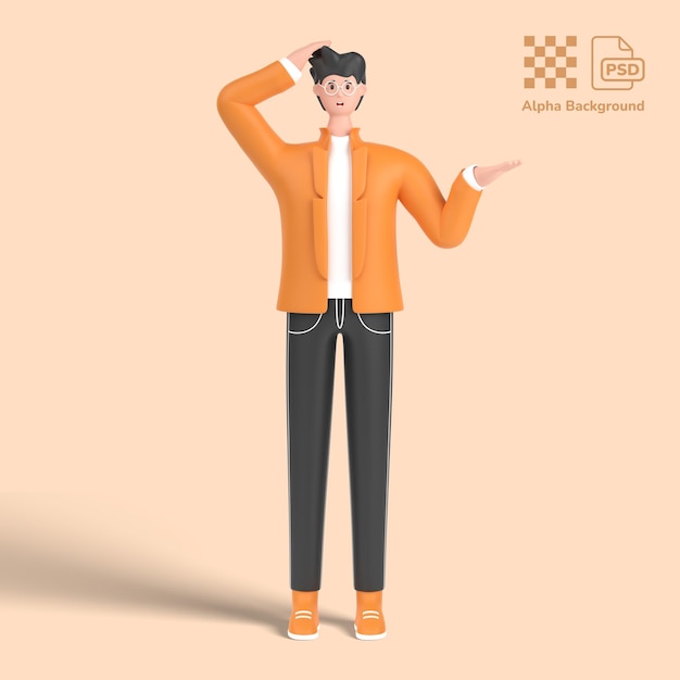 3d male character confused and annoyed with open palm showing copy space and holding hand on head