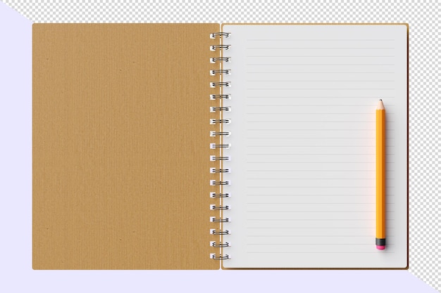 3D open spiral notebook lined paper yellow pencil