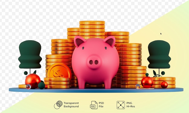 3D Piggy bank and Golden dollar coins stack money saving and Investment financial wealth concept