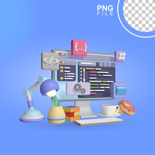 3D Programmer Desk Setup Icon with a blue background with a picture of a web page on it