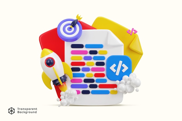 3d programming language with target on web development coding symbol with rocket for programmer icon