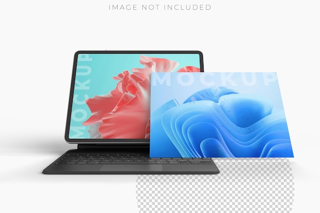 3D realistic tablet and pencil on smart keyboard mockup with floating blank screen on background Perfect for presentation interface UI UX showcase digital product display website or application
