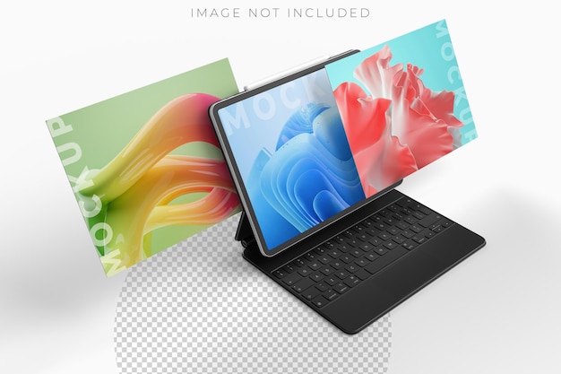 3D realistic tablet and pencil on smart keyboard mockup with floating blank screen on background Perfect for presentation interface UI UX showcase digital product display website or application