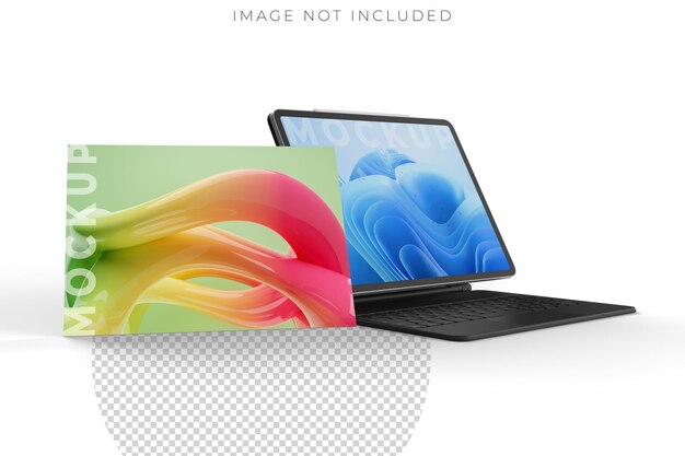 3D realistic tablet and pencil on smart keyboard mockup with floating blank screen on background Perfect for presentation interface UI UX showcase digital product display website or application