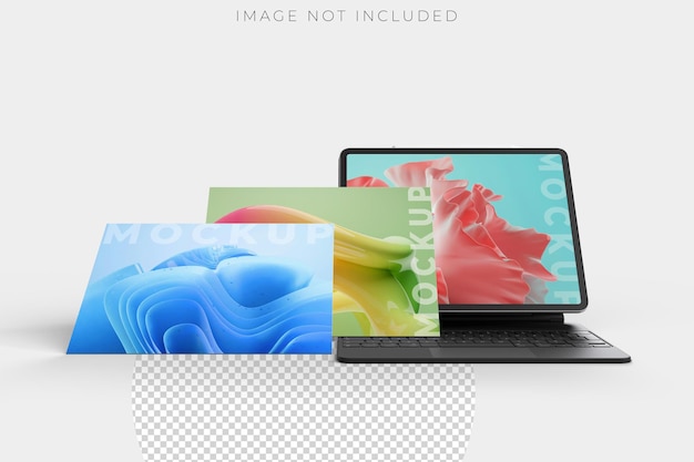 3D realistic tablet and pencil on smart keyboard mockup with floating blank screen on background Perfect for presentation interface UI UX showcase digital product display website or application