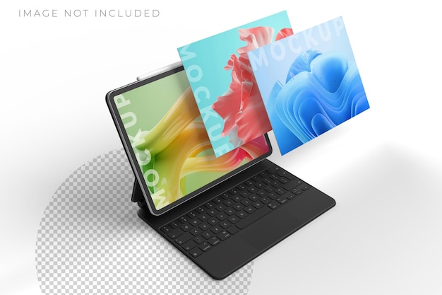3D realistic tablet and pencil on smart keyboard mockup with floating blank screen on background Perfect for presentation interface UI UX showcase digital product display website or application