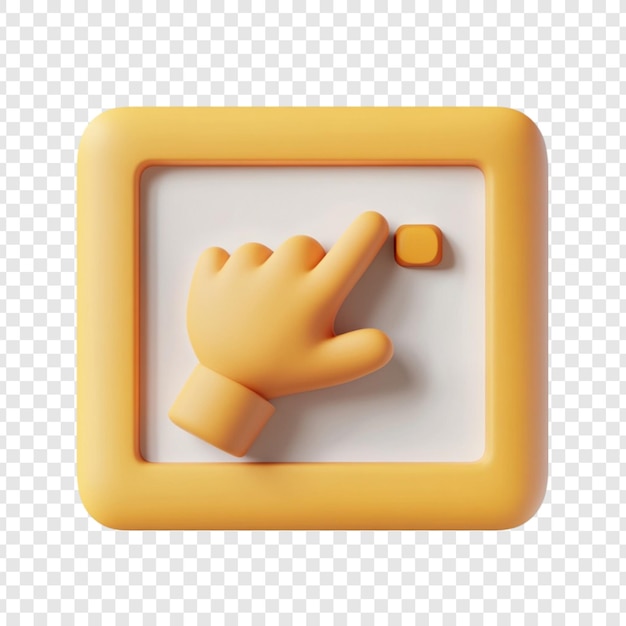 3D render of a yellow hand clicking a button on a yellow square interface design element digital art technology UI UX user interface button click hand gesture