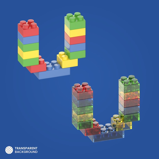 3D Render of Colorful Bricks Letter U