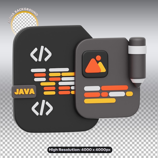 3D Render of Java Programming Code and Media File Icons