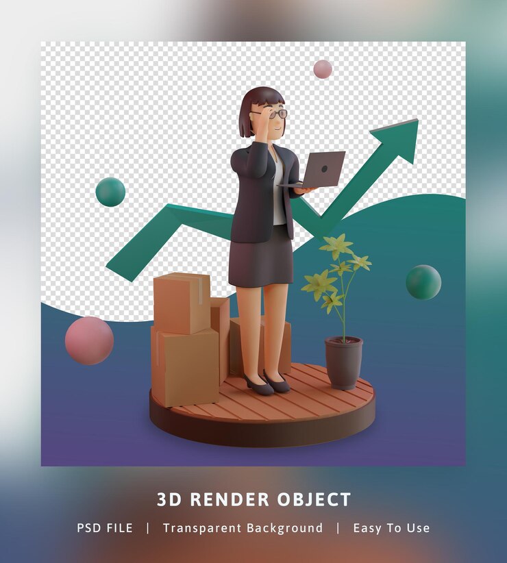 PSD 3d render of stylish character with statistic graph