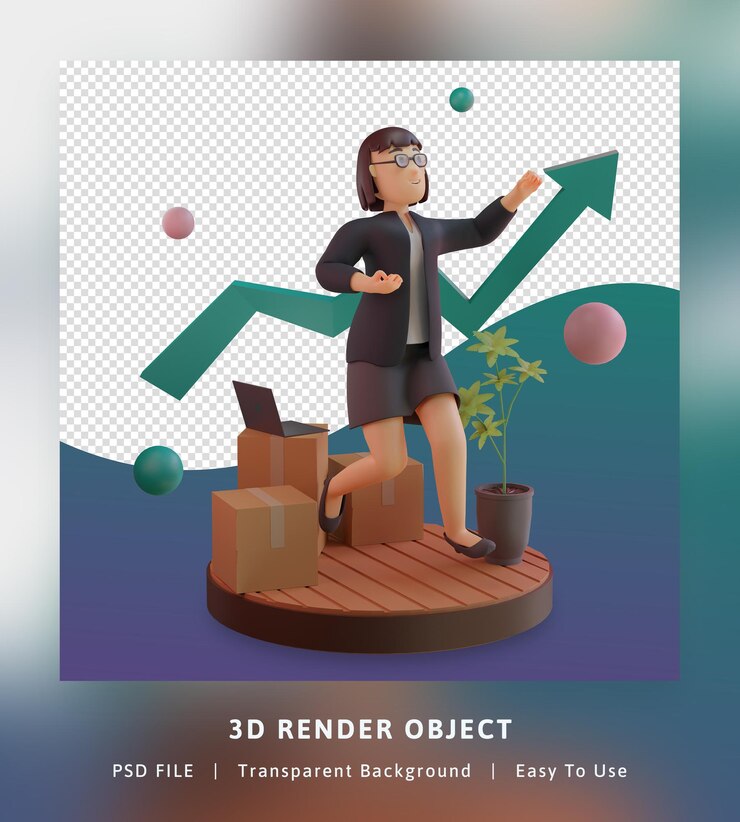 PSD 3d render of stylish character with statistic graph