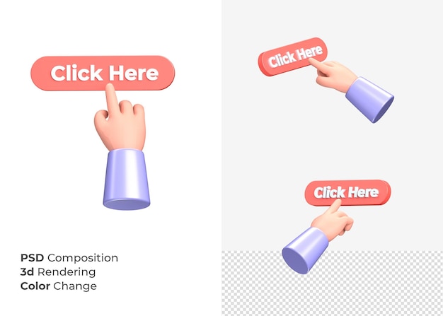 3d rendering click here button with hand concept