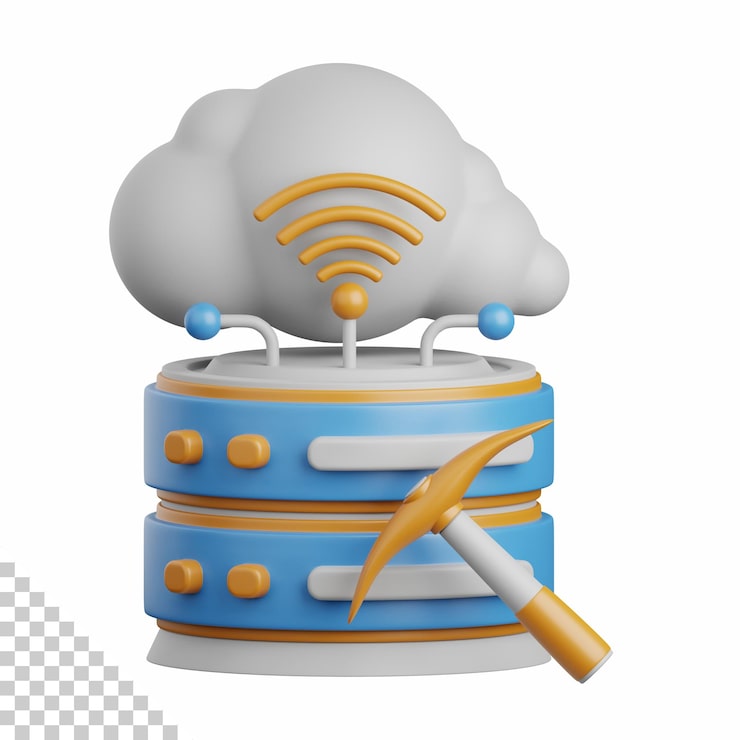 PSD 3d rendering data mining isolated useful for cloud network computing technology database server and connection design element