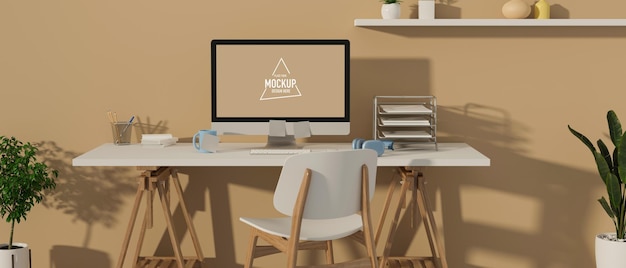 3D rendering minimal office desk with computer mockup