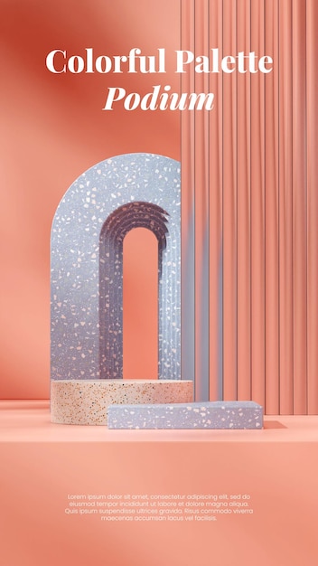 3d rendering mockup template terrazzo texture podium in portrait pink wall blue arch and glass