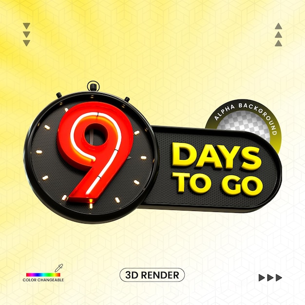 3d Rendering Number of 9 days left countdown timer 3d number with 3d clock for psd composition