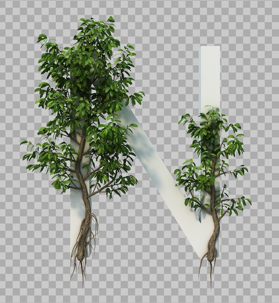 3d rendering of creeping tree on alphabet n