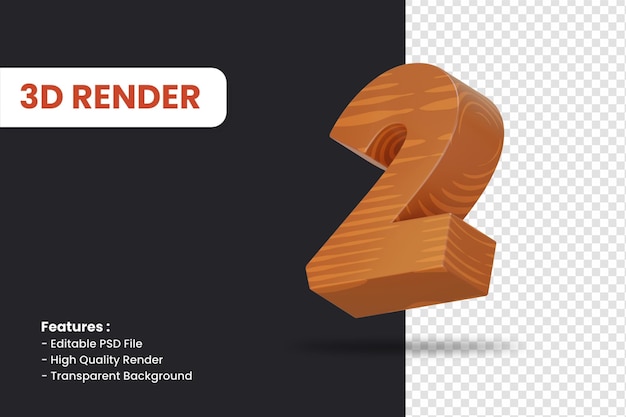 3d rendering of number 2 with wood texture effect isolated