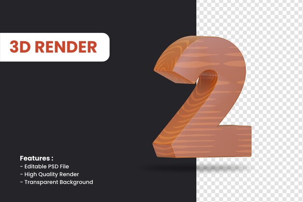 3d rendering of number 2 with wood texture effect isolated