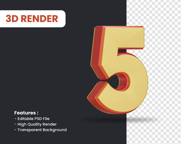3d rendering of number 5 with glossy effect isolated