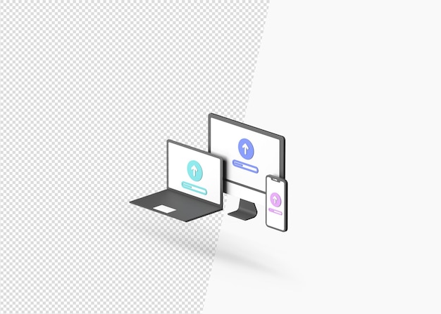 3d rendering upload concept on laptop mac phone screen