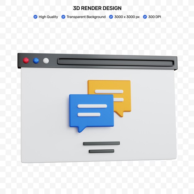 3d rendering web browser with blue and yellow chat icons isolated