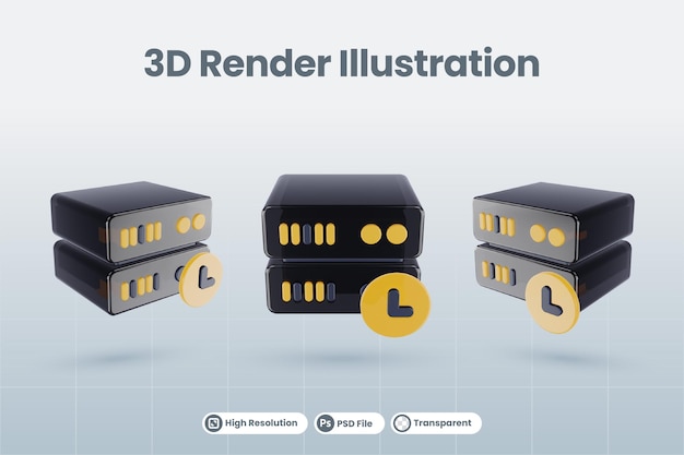 3d server database illustration with 3d time pending icon render isolated