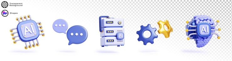 PSD 3d set of artificial intelligence icon render ai chip brain data server speech bubble gears innovation technology science and business concept isolated elements for ui design