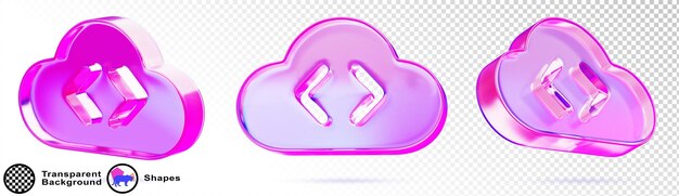 3d set of glass holographic cloud programming icon with html code tag Render cloud computing platform with purple pink gradient Development of software and application in internet